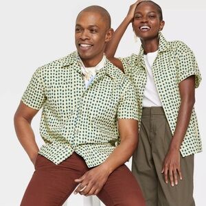 Black History Month Adult House of Aama Button-Down Shirt Green Polka Dots XS